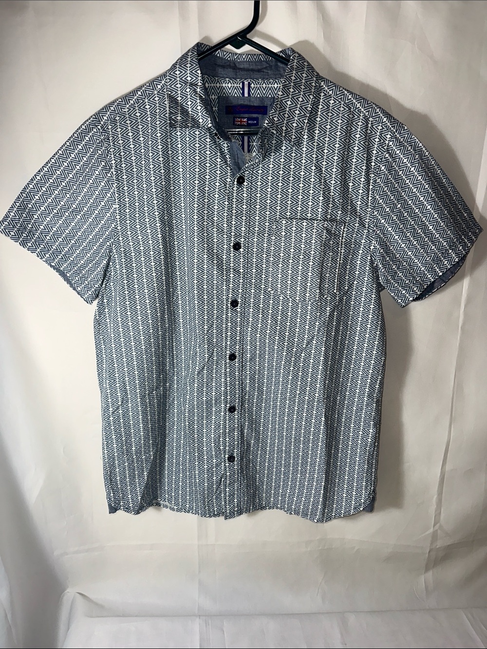 English Laundry Men’s Medium Gray Print Short Sleeve Button Shirt 100% Cotton
